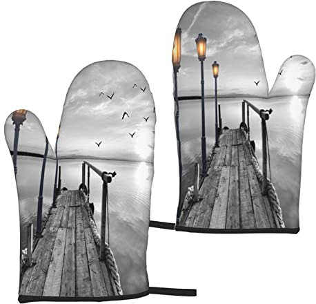 Mikrowellenhandschuhe 2er Set Schwarz Weiß Beach Pier Ofenhandschuhe und Topflappen zum BBQ Kochen Backen Grillen Mikrowelle Frühling Sommer