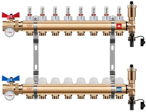 MD Technic Heizkreisverteiler Messing 8 Heizkreise Kugelhahn Gerade | Durchflussmesser, Handventilen, Montage/Wandhalterungen, Endset zum Befüllen, Auto. Schnellentlüftern, von 2 - 16 Heizkreisen