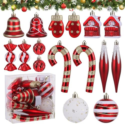 Huiguli Weihnachtskugeln Set, 16 Stück Plastik Christbaumschmuck, Mehrweg, Rote Weihnachtskugel Ornamente, Christbaumkugeln Bruchsicher für Weihnachtsbaum, Süßigkeit, Glöckchen, Handschuh