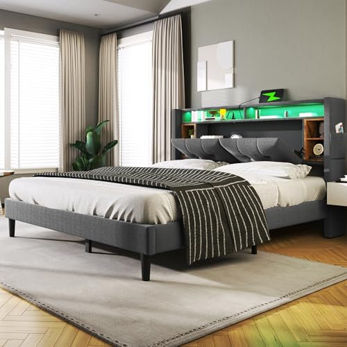 Rtopsu Polsterbett Doppelbett 140x200 cm mit USB-Ladefunktion und LED-Beleuchtung, Bett mit Stauraum-Kopfteil und Bücherregal, Jugendbett Bettgestell mit Lattenrost, Leinen, Grau A, Ohne Matratze