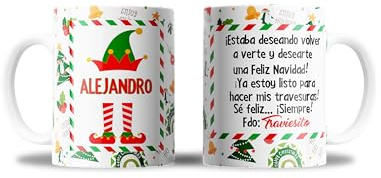 Genérico Taza Personalizada Elfo de Navidad con el nombre del niño o niña y el nombre de su Elfo