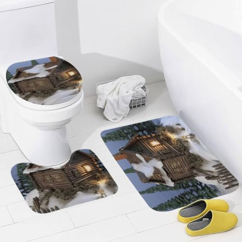 Badezimmerteppich-Set, 3-teilig, Badematte mit U-förmiger Kontur, WC-Vorleger, rutschfeste Bodenmatte, saugfähig, Mikrofaser, Holz, rustikal, Landhauslandschaft, Badteppiche für Badezimmer, Badewanne,