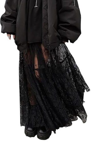 Mumaroho Jupe Longue Sexy Taille Haute en Dentelle sans Doublure pour Femme, Noir, Taille XL