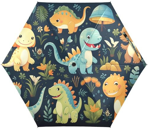 KAAVIYO Süßes Tiermuster Dinosaurier Regenschirm UV-Schutz Taschenschirm Umbrella Klein Leicht Schirm Kompakt Schirme für Mädchen Reise Strand Frauen