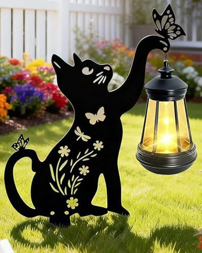 Black Cat Garden Decorations Outdoor - Solar Lights Outdoor Garden Decor Stake with Butterfly Decorative Metal Housewarming Ornament for Yard Lawn Patio – Unique Gift Ideas for Mom Woman Grandma