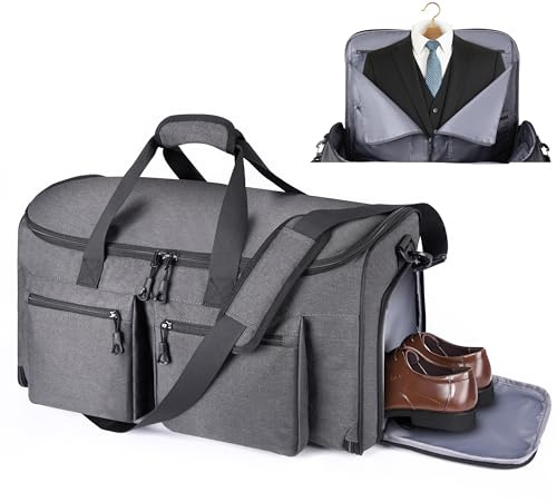 HILOMON Convertible Duffle Bags for Travel Carry On Suit Duffle Bags with Shoulder Strap 2 in 1 Hanging Garment Duffle Bag for Men Women (Grey)