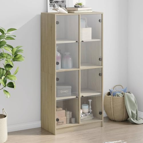 Willood Vitrinenschrank Glasvitrine Bücherschrank mit Türen Mehrzweckschrank mit Glastüren Wohnzimmer Metallschrank Sonoma Eiche 68 x 37 x 142 cm