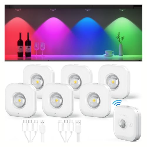 Coovee Schrankbeleuchtung Aufladbar RGB Spots Akku, Unterbauleuchte LED mit Fernbedienung & 5 Farbtemperaturen 2 Dynamischer Modus,Magnetisch Dimmbar Kabellos Vitrinenbeleuchtung Indirekte Beleuchtung