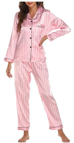 Raopuzi Conjunto de Pijama Seda Mujer, Pijama Saten, Pijamas Raso Invierno Largo para Mujer con Botones, Ropa de Dormir de Dos Piezas Traje de Casa Camisero de Manga Larga Y Pantalon