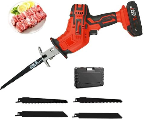 Scie alternative sans fil, scie électrique à batterie avec coupe très efficace, chargeur rapide de 45 minutes, 4 lames de scie, changement de lame sans outil, pour couper les os de viande, le bacon