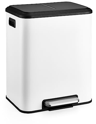 Mülleimer Küche 2 Fächer, Abfalleimer, 2 x 15 Liter, Küchenabfalleimer mit Inneneimer, Treteimer mit Pedale und Deckel, Papierkorb, Küche Mülltrennsystem, Leicht, Softclose, Recycling Kombiniert