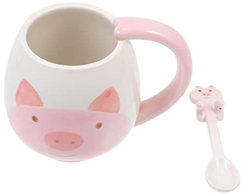 MAGICLULU Keramik Kaffebecher Mit Löffel Kreative Tiermotiv Tasse Robust Langlebig Alltagstauglich Für Kaffee Tee Milch Saft Niedliches Schwein Design Komfortabel Leicht Zu Reinigen