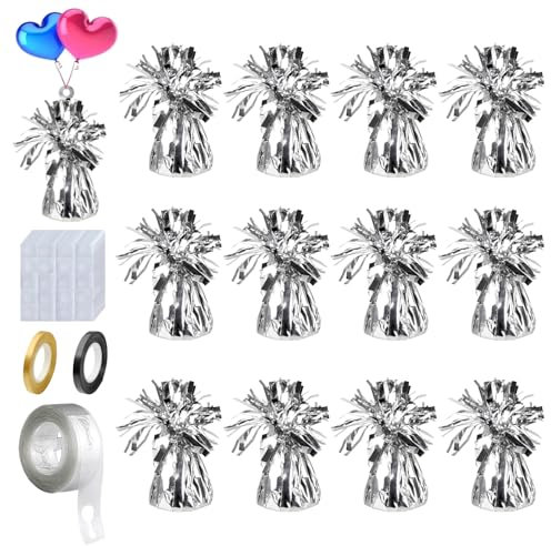 12PCS Heavy Balloon Weights, Helium Balloon Weights, With 2 Rolls Ribbon, 1 Roll Ball oon Arch Strip & 200Pcs Glue Dots, Balloons Accessory for Birthdays Parties, Events & Celebrations, Silver