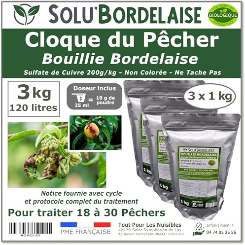 Solu'Bordelaise - Cloque du Pêcher - 3 kg de Bouillie Bordelaise Non Colorée - Fongicide Polyvalent à base de Sulfate de Cuivre 200 g/kg - Doseur Inclus - Utilisable en Agriculture Biologique
