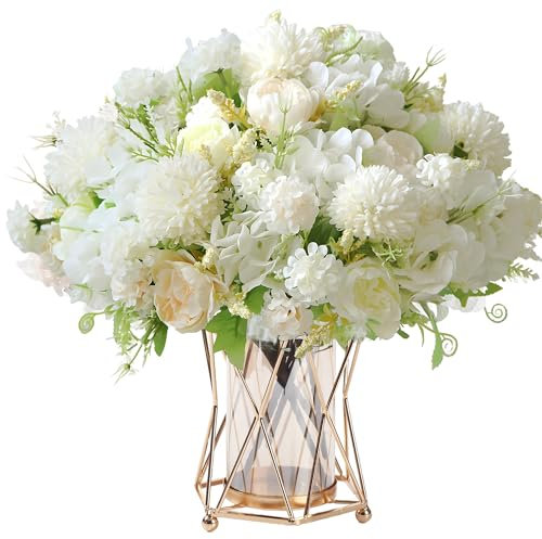 HNVNER 2 Bunches Peony Artificial Flowers White Silk Hydrangea Bouquet Mixed Fake Flowers Decor for Wedding Party Table Centerpieces Floral Arrangement Home Kitchen