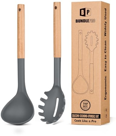 Ensemble fourchette à pâtes et louche en silicone avec poignée en bois, résistant à la chaleur, ustensiles de cuisine antiadhésifs pour cuisiner, remuer, servir des spaghettis, soupe, sauce (gris)