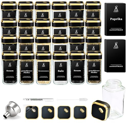 SIAZIH Gewürzstreuer mit Edel Schwarzgoldener Deckel, Gewürzgläser Gold (24x120ml), Gewürzbehälter Set, Gewürzetiketten, Gewürzdosen Glas für die Ordentliche Aufbewahrung von Gewürzen
