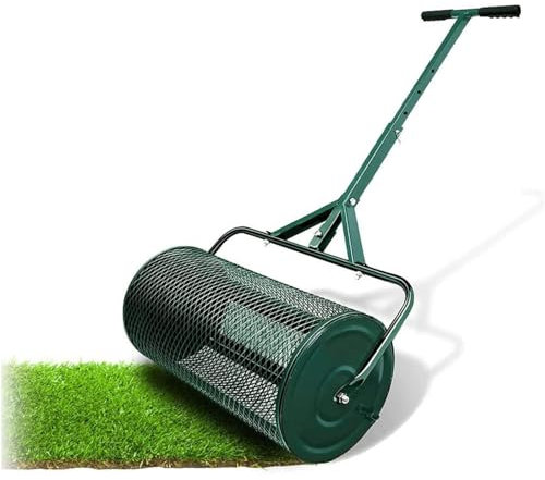 Épandeur de compost et rouleau de mousse de tourbe en métal pour pelouses et jardins avec panier en maille 34 x 34 x 68 cm pour un entretien efficace de la pelouse