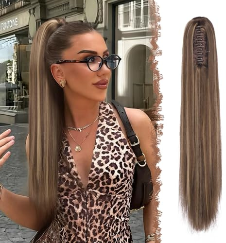 FESHFEN Coletas Postizas con Pinza - Coleta Postiza Pelo Natural Lisa Larga Ponytail Clip de Extensiones de Cabello Sintético Cola Postizos para Mujeres, 63 cm Rubio Miel Mixto Castaño Claro