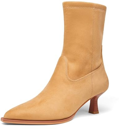 Coutgo Womens Pointed Toe Ankle Boots Stacked Kitten Low Heel Side Zipper Fall Booties Shoes, Khaki, Size 9.5