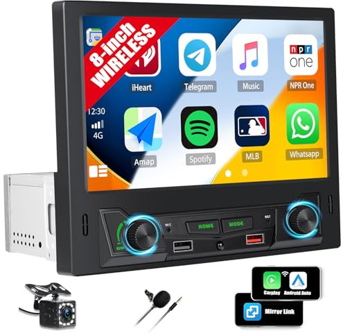 CAMECHO 1 Din 8 Zoll Touchscreen MP5 Player mit Carplay/Android Auto Wreless,1 Din Radio Unterstützt Online-Videos von YouTube, FM/AM, Videoausgang, 2 USB-Anschlüsse+Rückfahrkamera