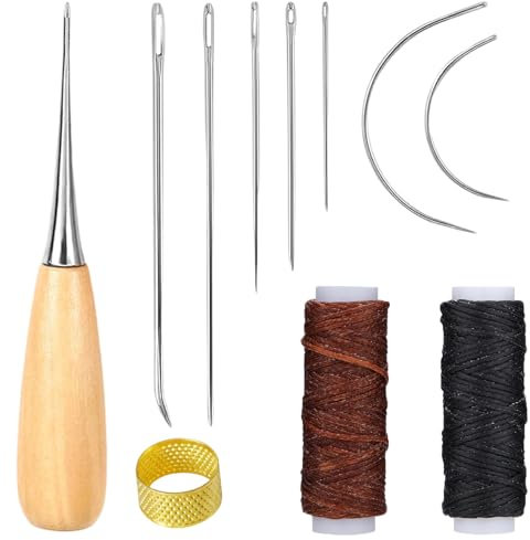 11 Stück Leder Nähset,Handleder Werkzeug Set,Leder Nähgarn set mit Ahle,Wachsfaden,Nadeln und Fingerhut für DIY Nähen,für Sofas Taschen Handtaschen Schuhe und andere Lederartikel