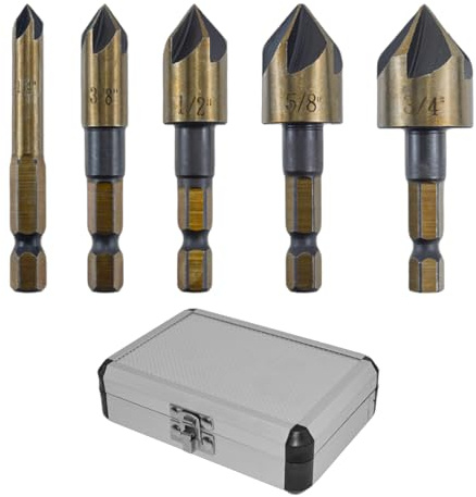 Juego de 5 brocas avellanadas para metal de 82 grados, 5 flautas, juego de brocas avellanadas de 1/4 pulgadas, 3/8 pulgadas, 1/2 pulgadas, 5/8 pulgadas, 3/4 pulgadas, kit de biselado maquinista