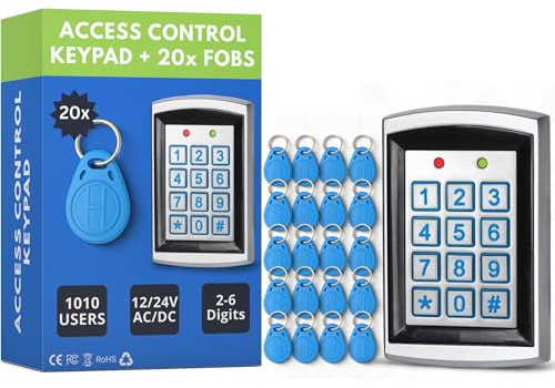 SecureMyDoor Tastiera di prossimità con controllo accessi con 20 telecomandi RFID di prossimità per uso interno ed esterno, 12-24 V, in alluminio pressofuso, memorizza 1000 carte e pin, chiavi