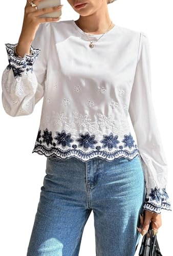 GORGLITTER Bluse Damen Elegant Blusenshirt Mit Blumen Spitzenshirt Stickerei Rundhals Damenbluse Langarm Blusentop Mit Spitze Herbst Outfit Blau und Weiß L