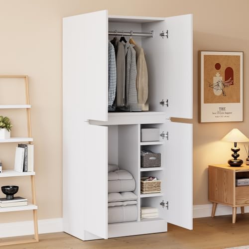 Wiuzo Kleiderschrank 70 × 40 × 170 cm, Doppeltür-Design mit kleinem Staufach (Weiß)