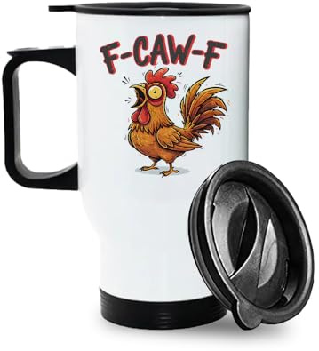 Funny Chicken Design | F-CAW-F | Hilarious Farm Animal Gift | Perfect Gag Gift, 14oz Insulated Travel Mug. (White)