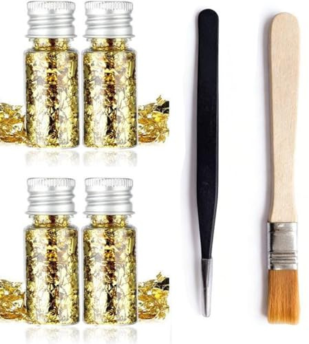 4 Bottles Gold Leaf Sheets, Decorative Gold Leaf, for with Brush and Tweezer, Multifunction Gold Leaf Decorative, for Cakes, DIY Craft, Gold Leaf Sheets Home Restaurant Decor Gold Foil for Cake