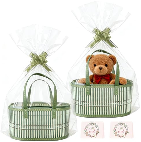 Cestino regalo vuoto, 2 cesti regalo vuoti con cesto regalo, pellicola regalo trasparente, per Natale, matrimonio, compleanno (30 x 20 x 16 cm)