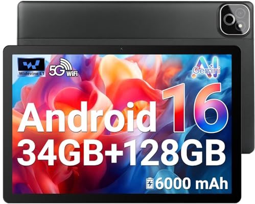 MUISOO Android 16 Tablet, Octa-Core Tablet, 34GB+128GB (Expandable to 1TB), 10.1 Tablet with Bluetooth 5.3, WiFi 6, Dual Camera, 5MP+8MP, 6000mAh, Tablets with Keyboard Mode, Rainbow Lights (Black)