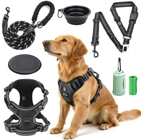 Hundegeschirr, Anti-Zug Hundegeschirr Set & Leine | Inkl. Auto Sicherheitsgurt, Faltbare Näpfe & Kotbeutelspender | Für kleine bis große Hunde | Ideal für Spaziergänge, Training & Reisen