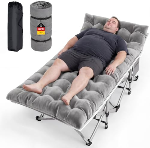 XXL Campingbett Feldbett 190 x 80 x 37 cm Feldbett Klappbar mit Matratze, Klappbett mit Seitentasche, Camping Bett 2 Personen Campingliege, Faltbar Gästebett bis 308 kg für Outdoor Indoor Reisen