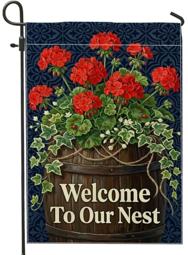Drapeau de jardin géraniums traditionnel bienvenu lierre rouge double face en toile de jute décorative pour extérieur, terrasse, pelouse, porche, entrée, camping 30,5 x 45,7 cm