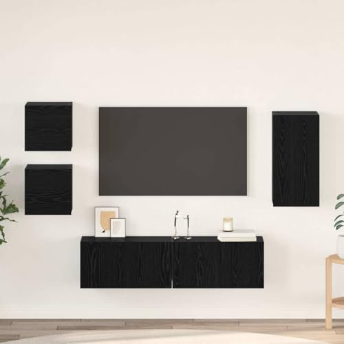 Boltkex TV-skåpset 5-delat svart ekutseende av trämaterial, väggmonterad lågbräda med dörr, hylla, hylla, förvaringsutrymme för vardagsrum och hemmabio, 160 x 30 x 30,5 cm