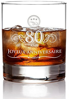AMAVEL Verre à Whisky avec élégante Gravure pour l'anniversaire, 80 Ans, Tumbler, Idée Cadeau pour l'anniversaire - pour Homme et Femme - Volume : 320 ML