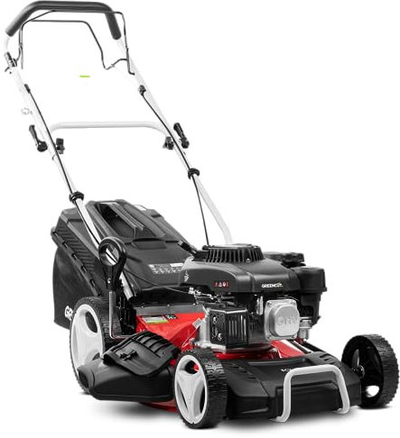 GREENCUT GLM770X – Tosaerba a benzina 150cc 6 cv, semovente 4T, lama doppio taglio 46 cm, altezza regolabile, sacco 55 L, per giardini fino a 1400 m²