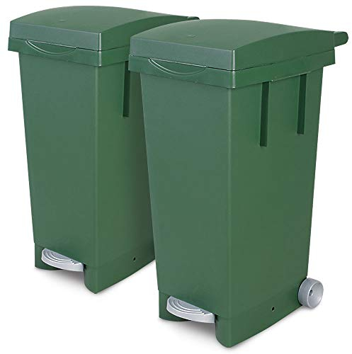 BRB Set, 2X 80 Liter Abfallbehälter mit Rollen, Fußpedal, selbstschließender Deckel, Klemmring für Müllsäcke (grün)