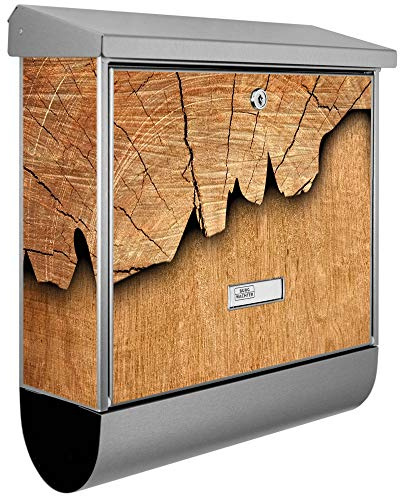 banjado® Burgwächter Briefkasten Edelstahl 38x39x12cm mit Motiv Holz/Briefkasten Edelstahl ohne Zeitungsfach/Briefkasten grau/Postkasten inkl. Montagematerial & 2 Schlüsseln