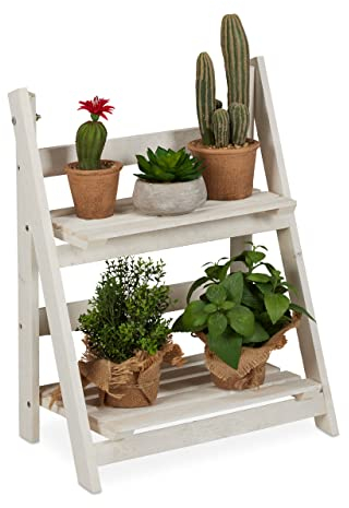 Relaxdays Blumentreppe, für innen & Balkon, Shabby-Chic Design, freistehend & klappbar, HBT: 51x41x25 cm, 2 Stufen, weiß