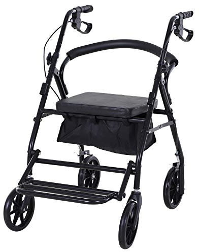 HOMCOM Déambulateur 4 roues - déambulateur pliable léger - assise + dossier rembourré - poignées ergonomiques, freins à main - panier rangement - cale-pied - métal noir
