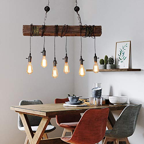 Lampadario in Legno Retrò Industriale Sospensione Luce Ferro Battuto E27 Altezza Regolabile Illuminazione Luci Soggiorno Plafoniera Ristorante Bar Caffetteria Decorazione Hanging Lamp,6 heads