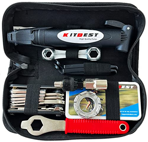 KITBEST Bike Repair Kit, Bicycle Tool Kit with Bike Pump and Bag, Puncture Tire Patch Repair Kit with 16-in-1 Cycle Multi Tool, Bicycle Mountain Bike Accessories for Men Women