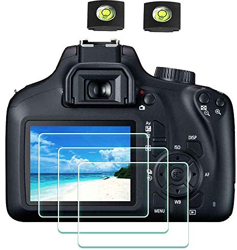 ULBTER Displayschutzfolie Schutzfolie für Canon EOS 4000D Kamera, 9H Härte LCD Gehärtetes Glas Kratzfest Anti-Fingerabdruck Anti-Staub Blasenfrei,3 Stück | 3 Stück Hartglas-Abdeckung und 2 Blitzschuh-Abdeckungen, 0,3 mm, Härtegrad 9H, kratzfest, Anti-Fingerabdruck, blasenfrei