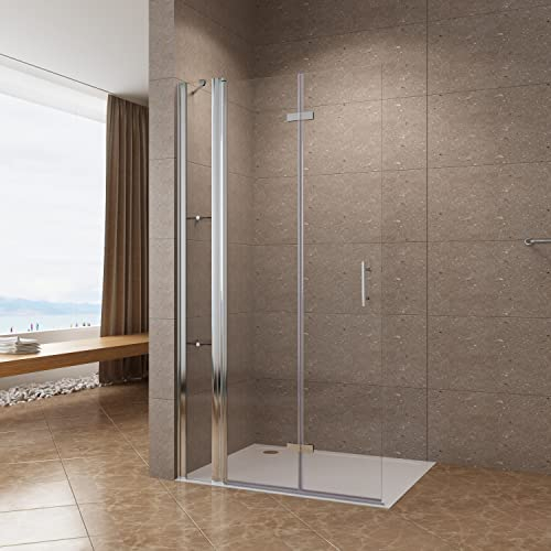 AQUABATOS® 115 x 195 cm Faltbar Duschwand Glas Duschabtrennung Walk in Dusche aus 6 mm Nanobeschichtung Faltwand Glas für duschwanne mit Festteil seitenteil und Wandablagen Glasregalen