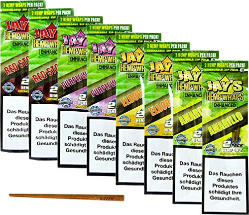 yaoviz® Set 2x 4er Pack - JUICY JAY Hanf Wrap Enhanced - 2 pro Packung (16 Total) - Hemp Wraps inkl- RAW Poker 113mm Holzstab zum stopfen