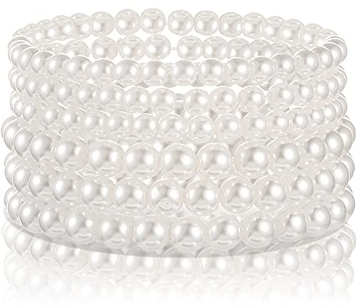 Hicarer 6 Stücke Faux Perlen Armband Set Strecken Armbänder Braut Tanzen Party Schmuck für Frauen Mädchen (Weiß)